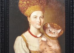 Portrait of an Unknown Woman in Russian Costume and a Well-known Cat in a Veterinary Collar