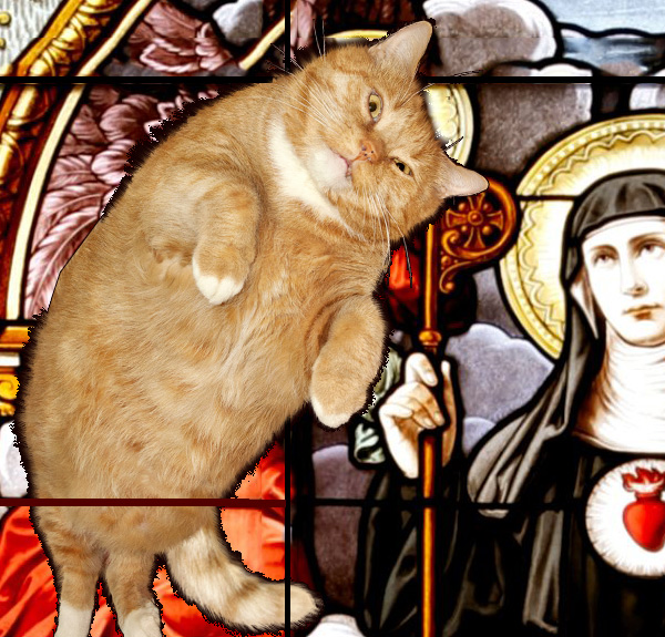 St.Gertrude and cats stained glass, left upper detail