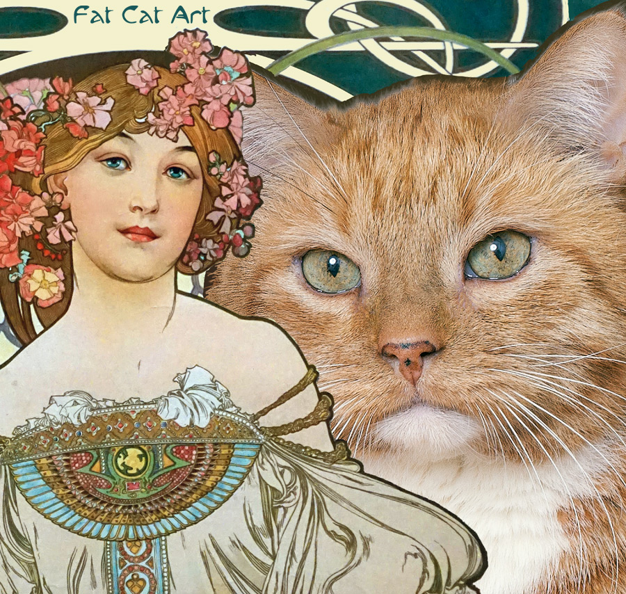 Alphonse Mucha, Reverie with a cat, close up