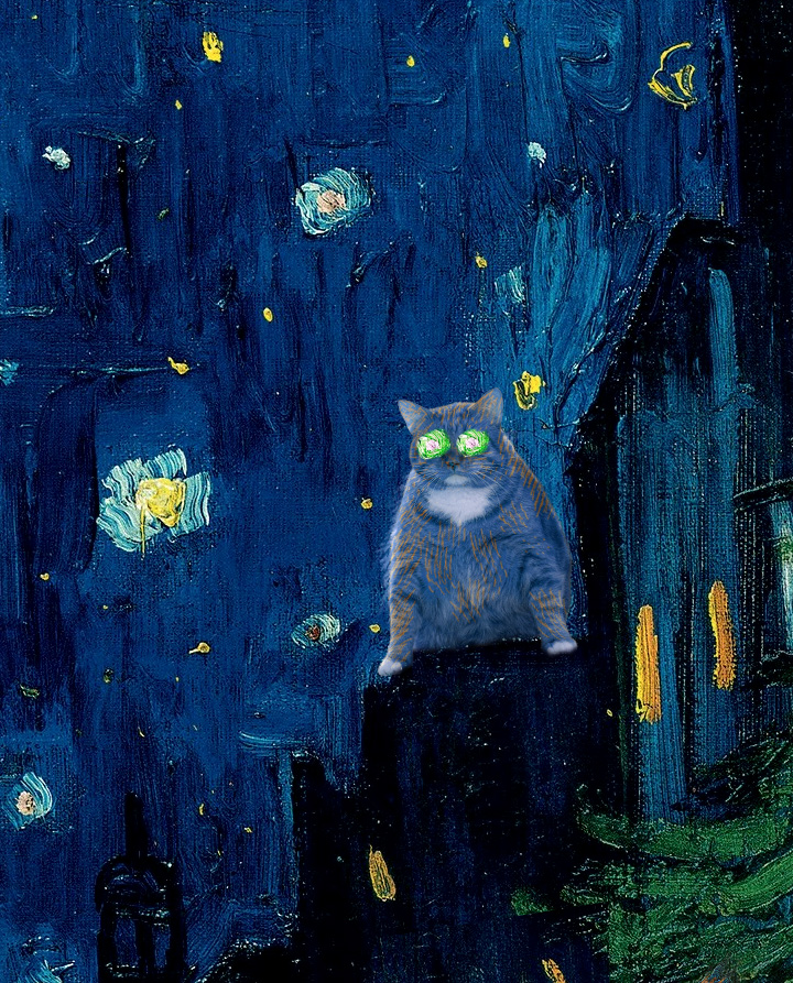 Vincent van Gogh, Terrace of a café at night visited by giant cats, detail