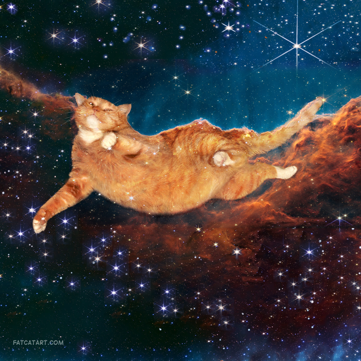Zarathustra the Celestial Cat rolling on the Cosmic Cliffs in Carina Nebula